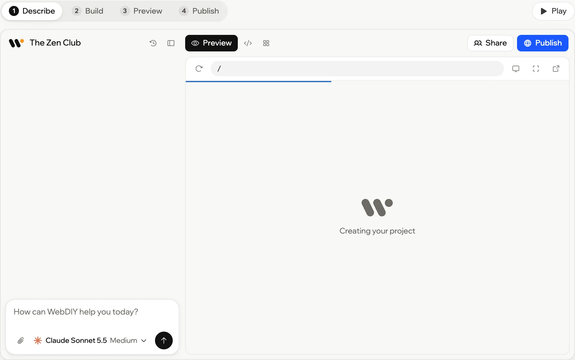 The WebDIY workbench for a sample project, The Zen Club, before the first message: an empty chat with Claude Sonnet 5.5 chosen, and a Preview that reads Creating your project. Steps above it: Describe, Build, Preview, Publish.