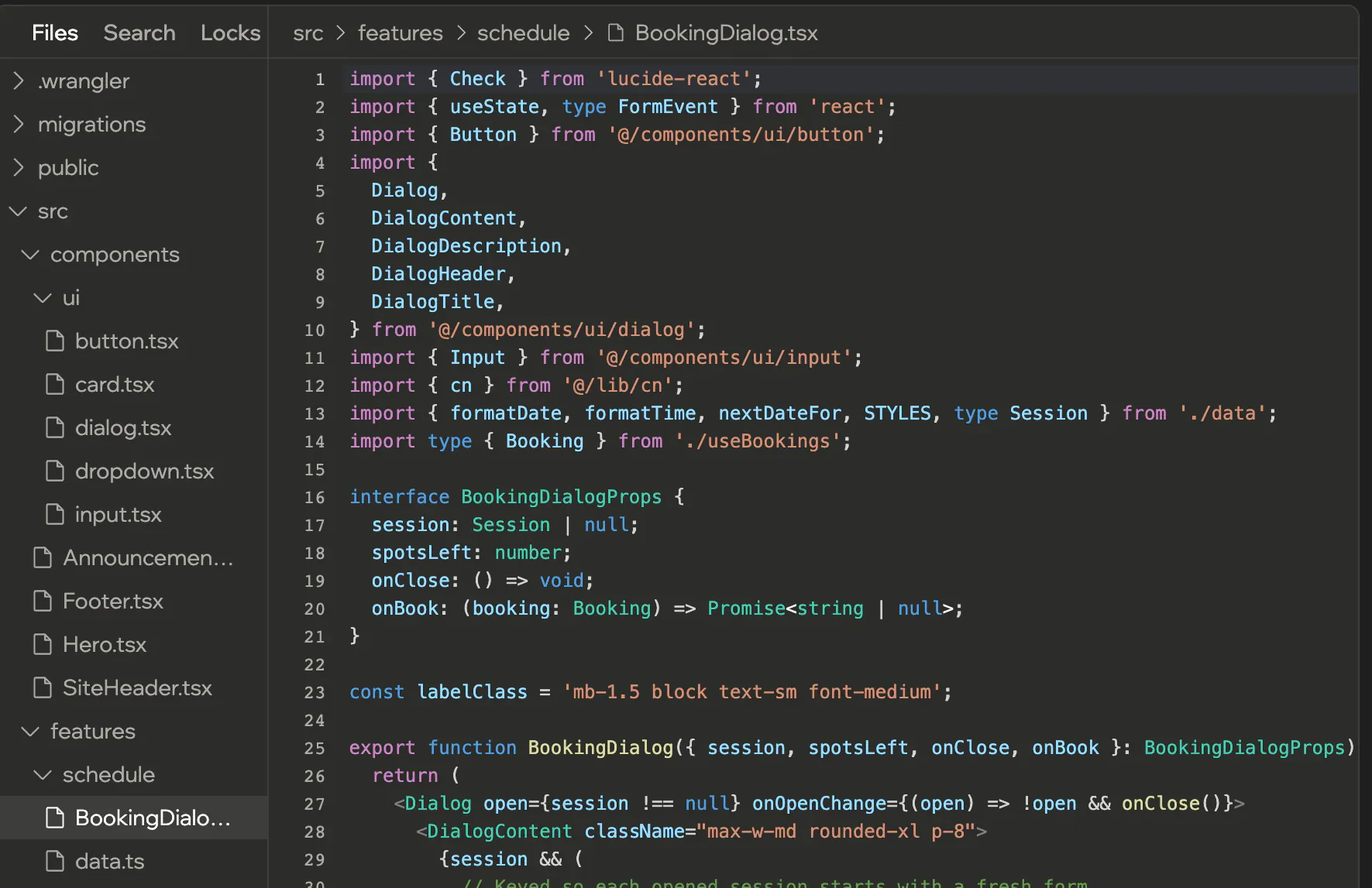The Code tab: the project file tree and BookingDialog.tsx open in the editor.