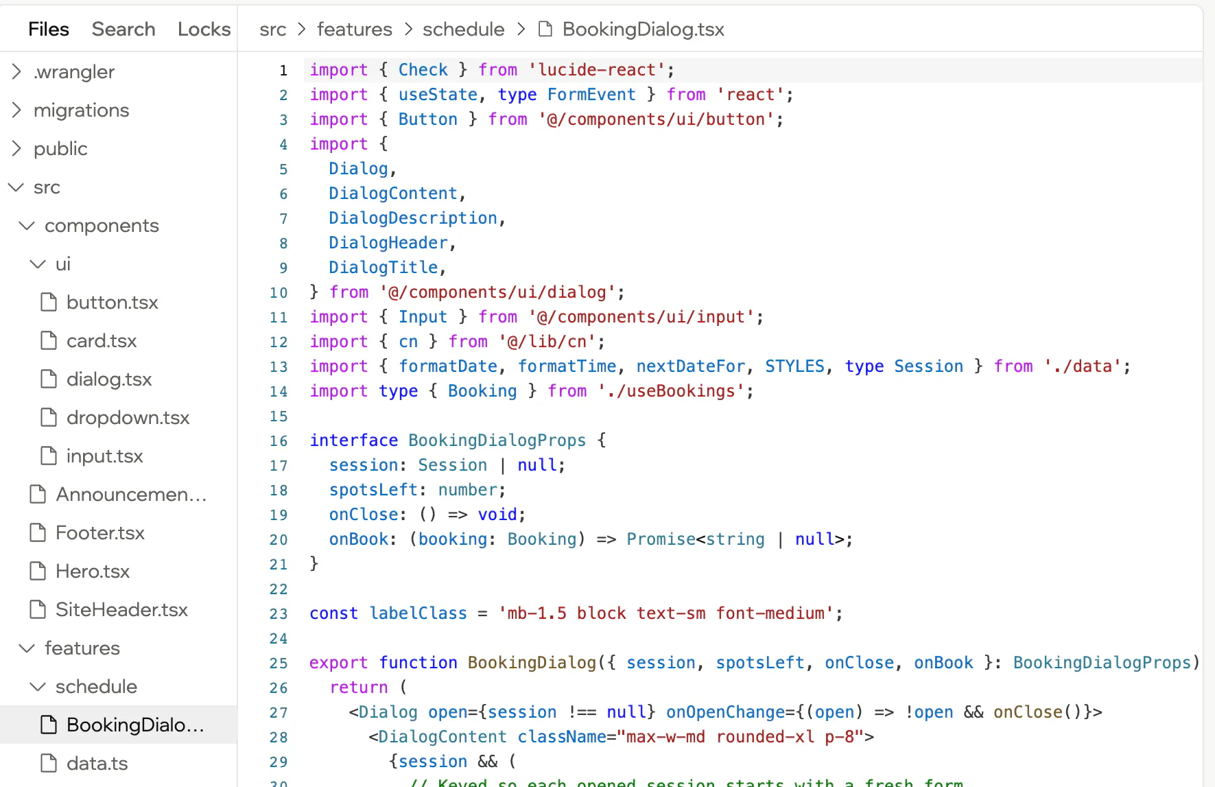 The Code tab: the project file tree and BookingDialog.tsx open in the editor.