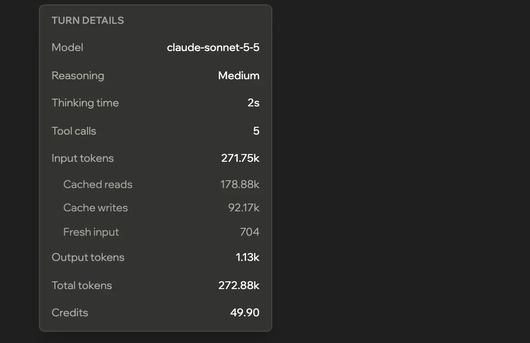 Turn details for one message: the model, reasoning, tool calls, tokens, and Credits 49.90.