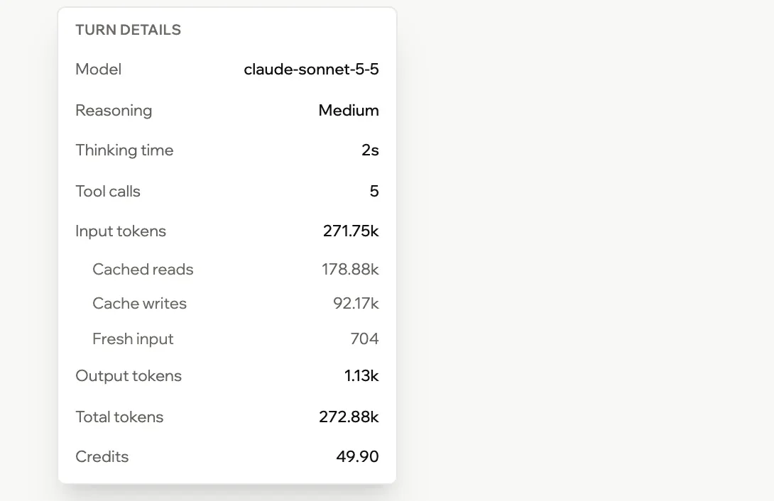 Turn details for one message: the model, reasoning, tool calls, tokens, and Credits 49.90.