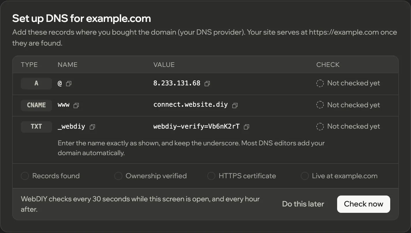 Set up DNS for example.com: an A record, a www CNAME and a _webdiy TXT record, each not checked yet, then the steps Records found, Ownership verified, HTTPS certificate and Live, and a Check now button.