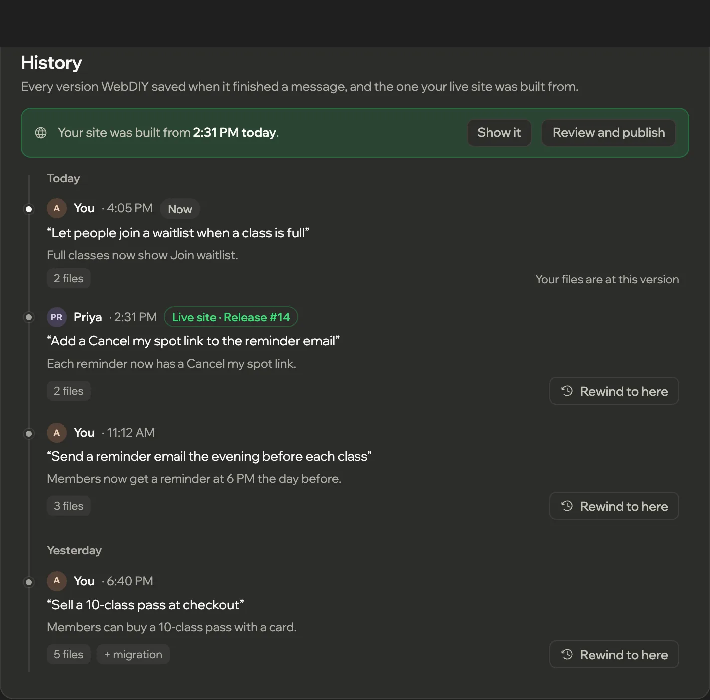 History for a sample project: four saved versions, each with who asked for it and what they asked, a Rewind to here button on the three earlier ones, and a note that the live site was built from the 2:31 PM version.