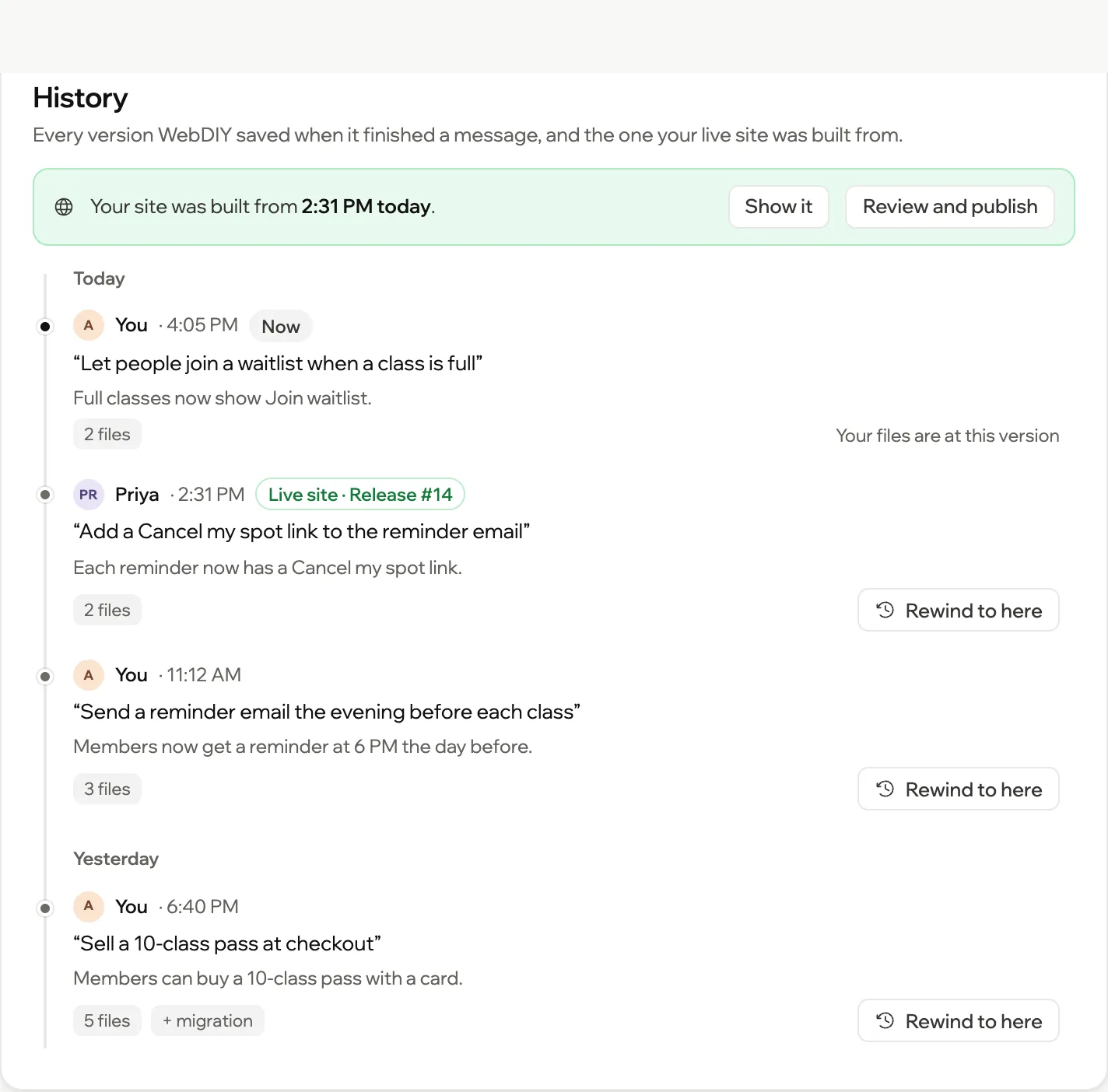 History for a sample project: four saved versions, each with who asked for it and what they asked, a Rewind to here button on the three earlier ones, and a note that the live site was built from the 2:31 PM version.