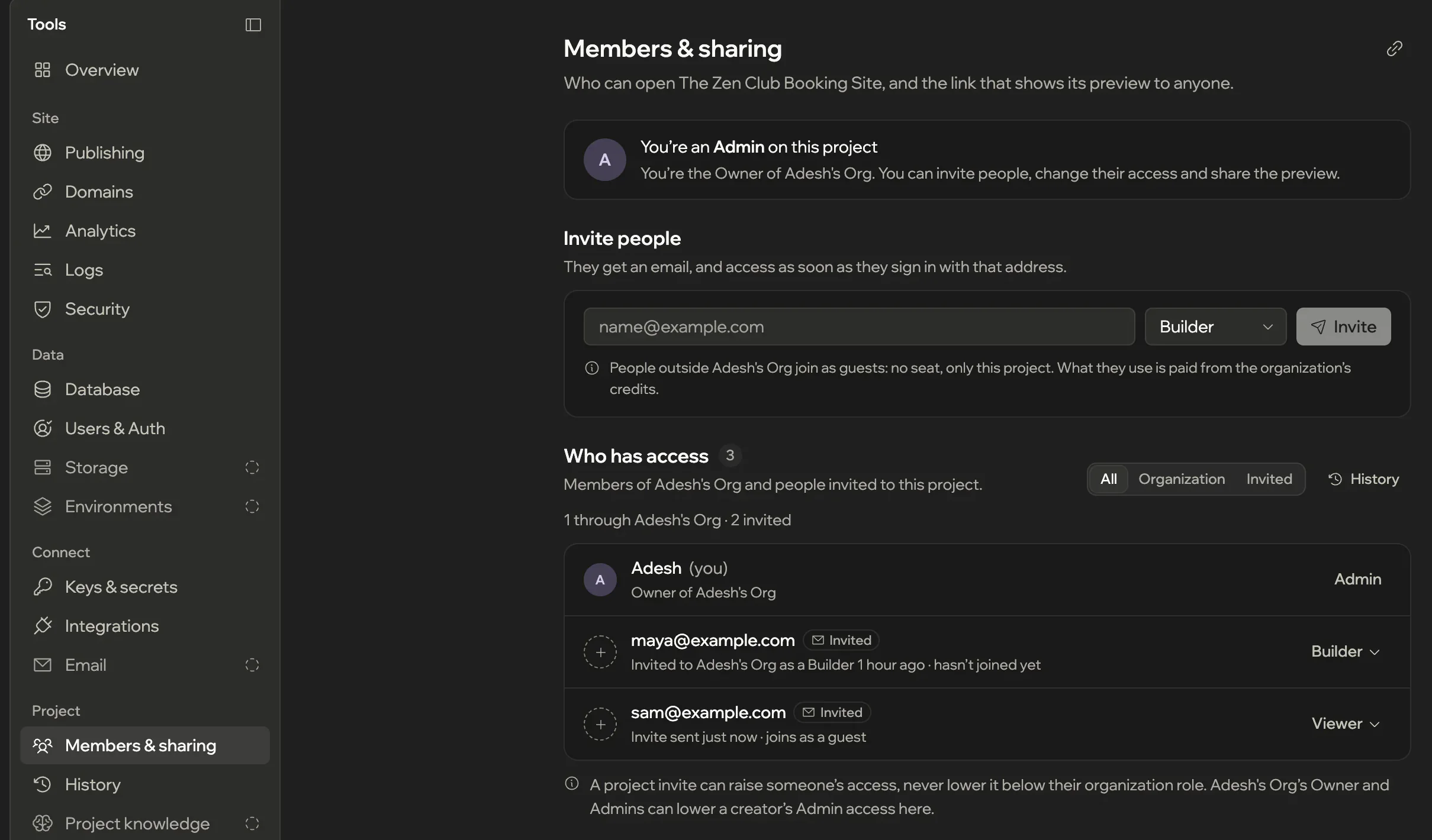 Members & sharing for a project: invite people by email with a role; Adesh as Admin, a teammate invited as a Builder and a client invited as a Viewer of just this project.
