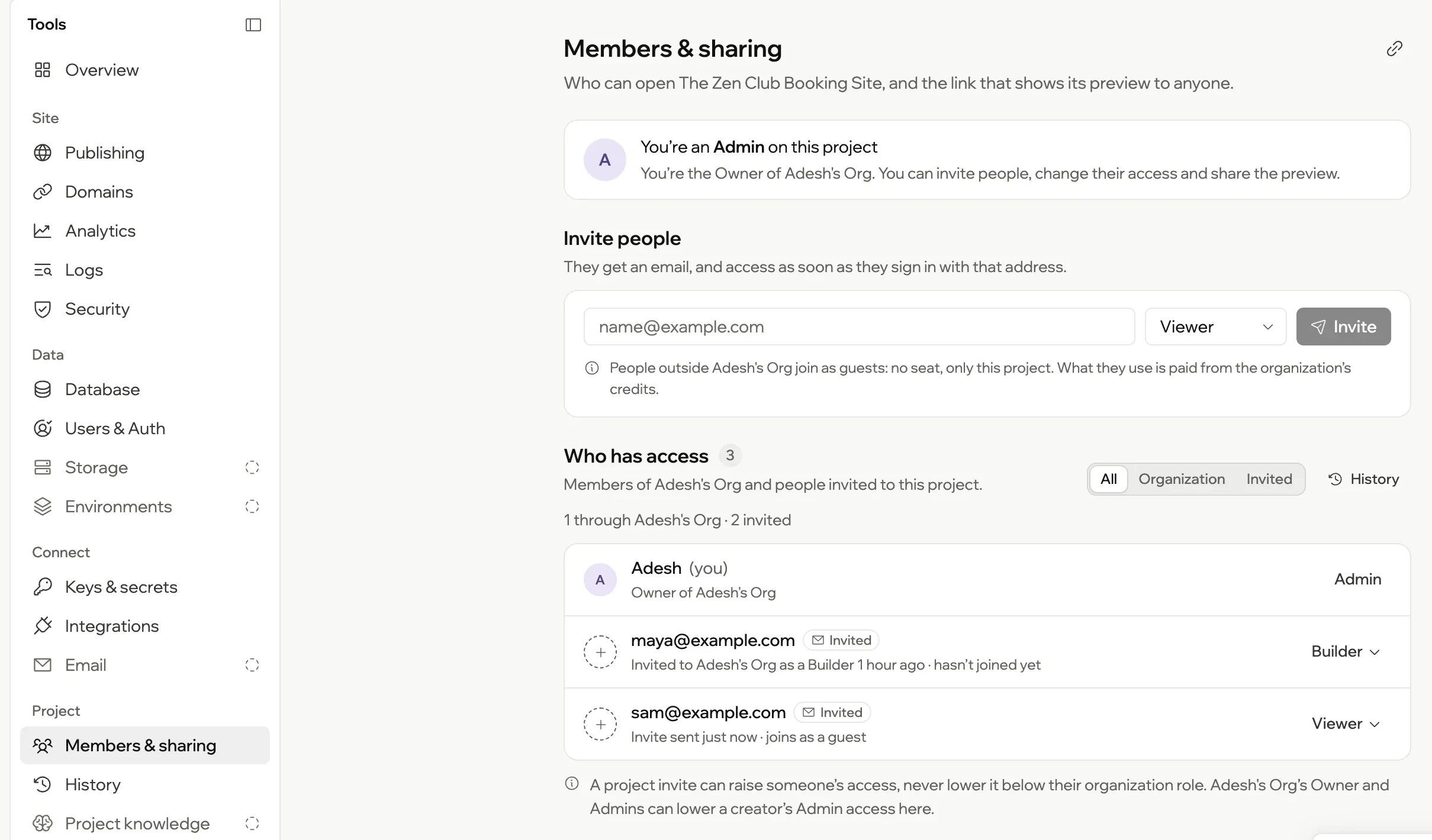 Members & sharing for a project: invite people by email with a role; Adesh as Admin, a teammate invited as a Builder and a client invited as a Viewer of just this project.