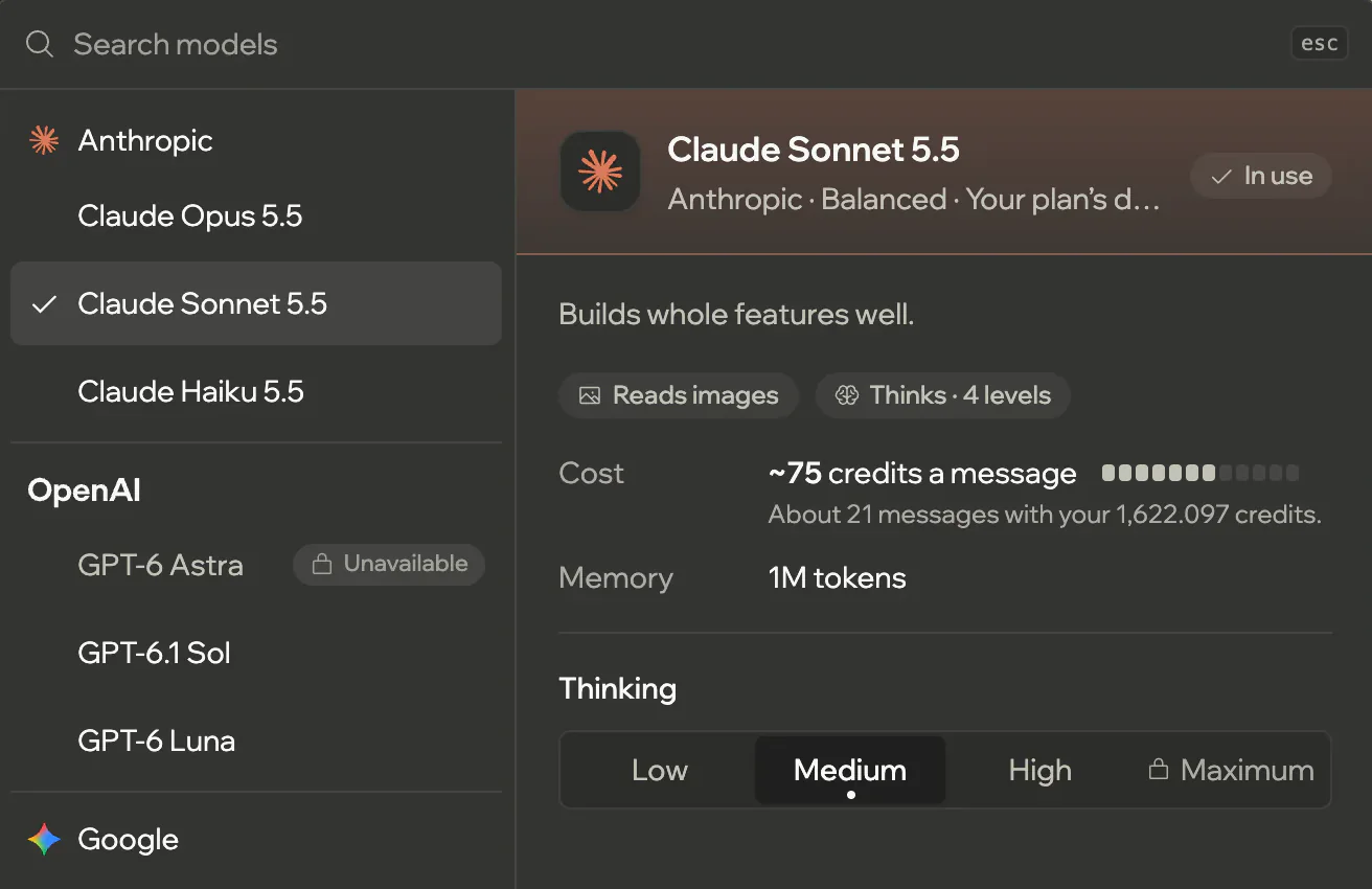 The model picker: models by maker, Claude Sonnet 5.5 selected, about 75 credits a message, and the thinking level.