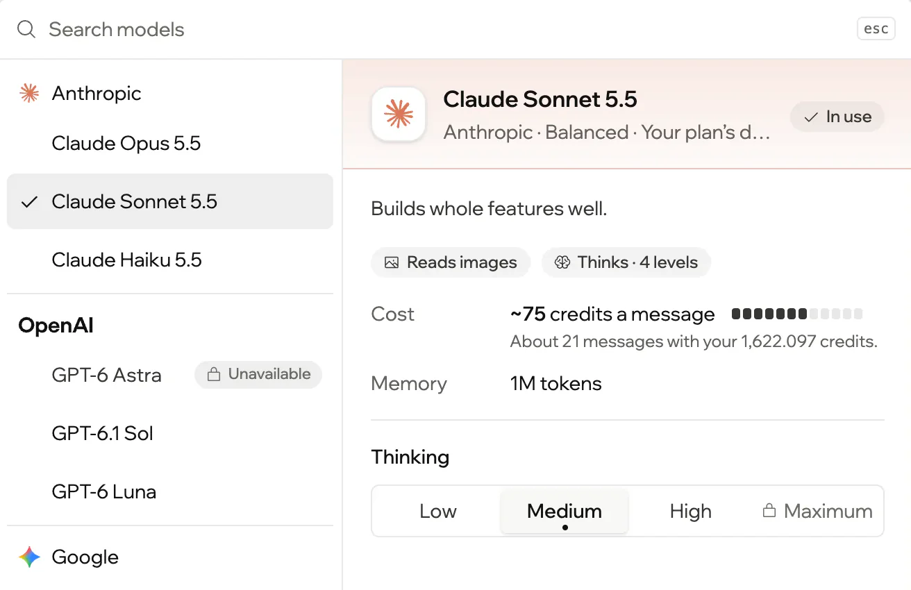 The model picker: models by maker, Claude Sonnet 5.5 selected, about 75 credits a message, and the thinking level.