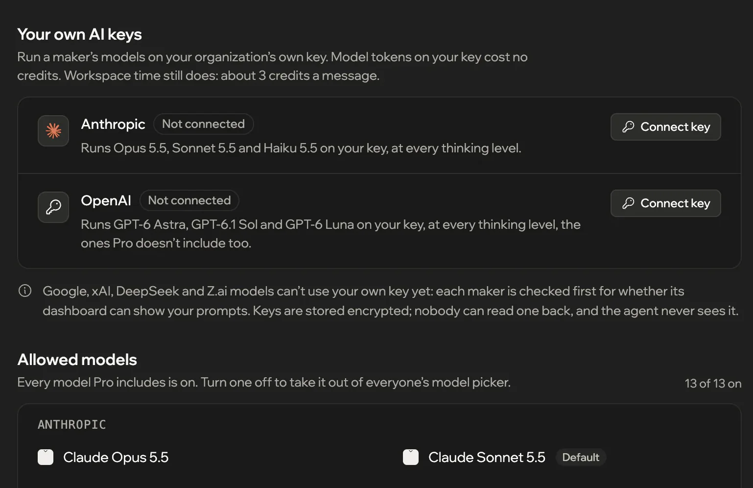Your own AI keys in Settings: Anthropic and OpenAI, each with a Connect key button.