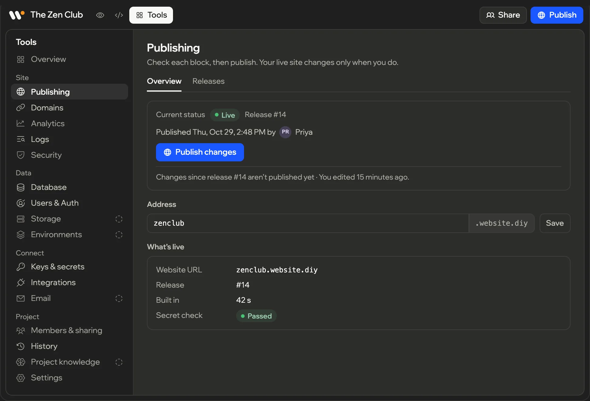 The Tools tab of a sample project: a rail of sections (Publishing, Domains, Logs, Database, Users and Auth, Keys and secrets, Integrations, History and more), and on a wide screen Publishing open beside it: release 14 live, published Thu, Oct 29 by Priya, and changes not yet published.