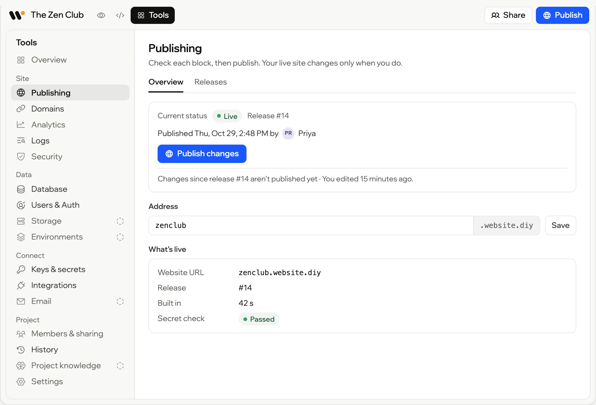 The Tools tab of a sample project: a rail of sections (Publishing, Domains, Logs, Database, Users and Auth, Keys and secrets, Integrations, History and more), and on a wide screen Publishing open beside it: release 14 live, published Thu, Oct 29 by Priya, and changes not yet published.